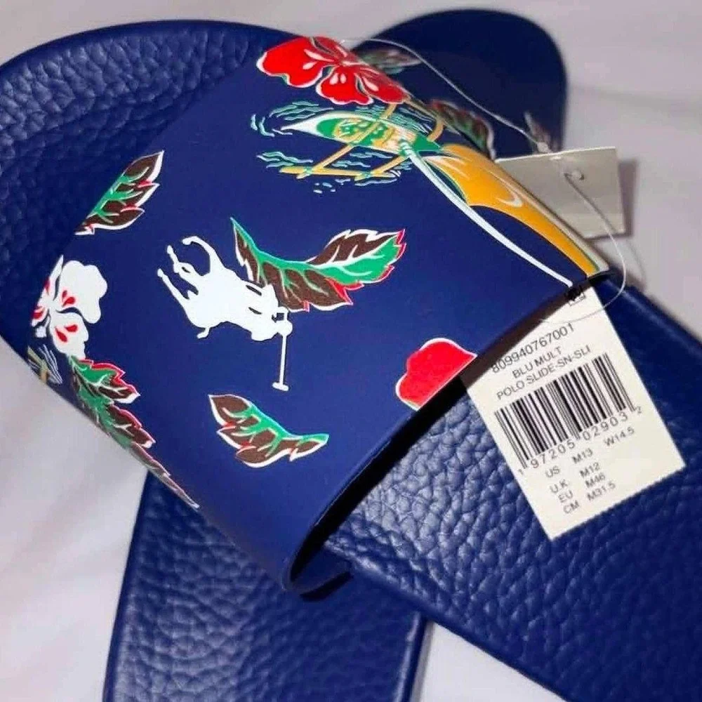 Polo Ralph Lauren Mens 13 Blue Tropical Floral Pony Logo Slides Sandals Sz 13